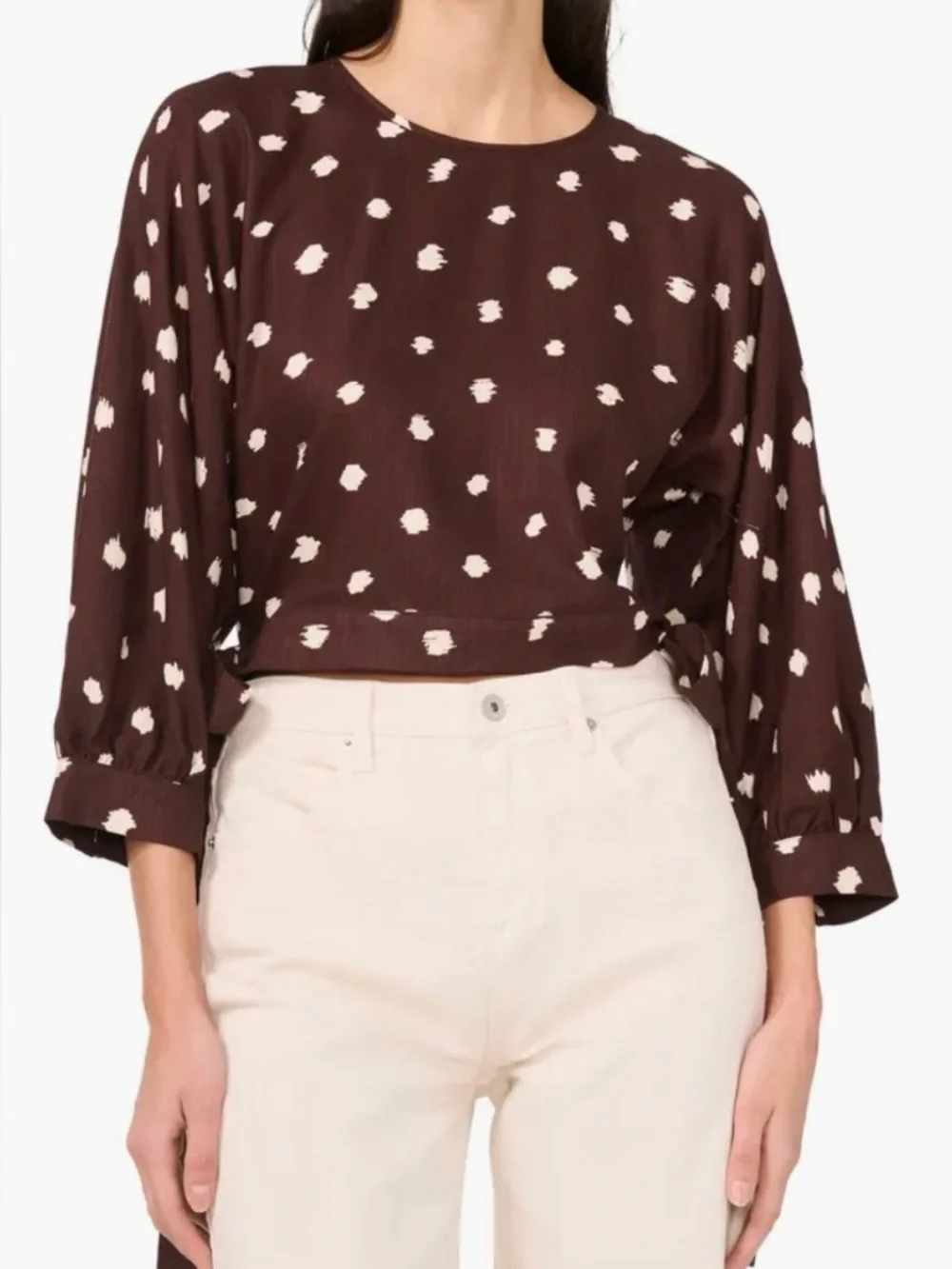 1.STATE Polka Dot Brown & White Side Ties Cropped Rayon Linen Top Size XS - Picture 9 of 12